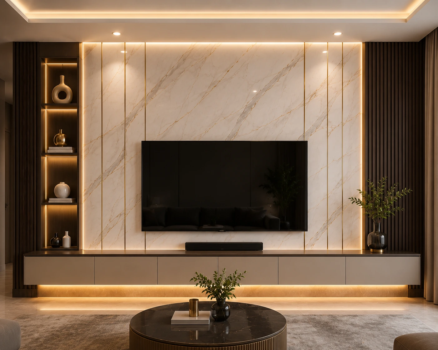 Backdrop TV menggunakan marmer PVC dinding dengan desain modern.