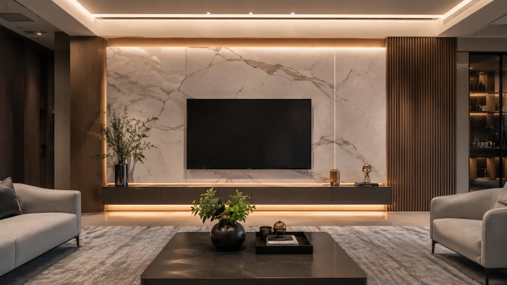 Backdrop TV mewah dengan panel marmer dan kabinet melayang pada ruang keluarga modern
