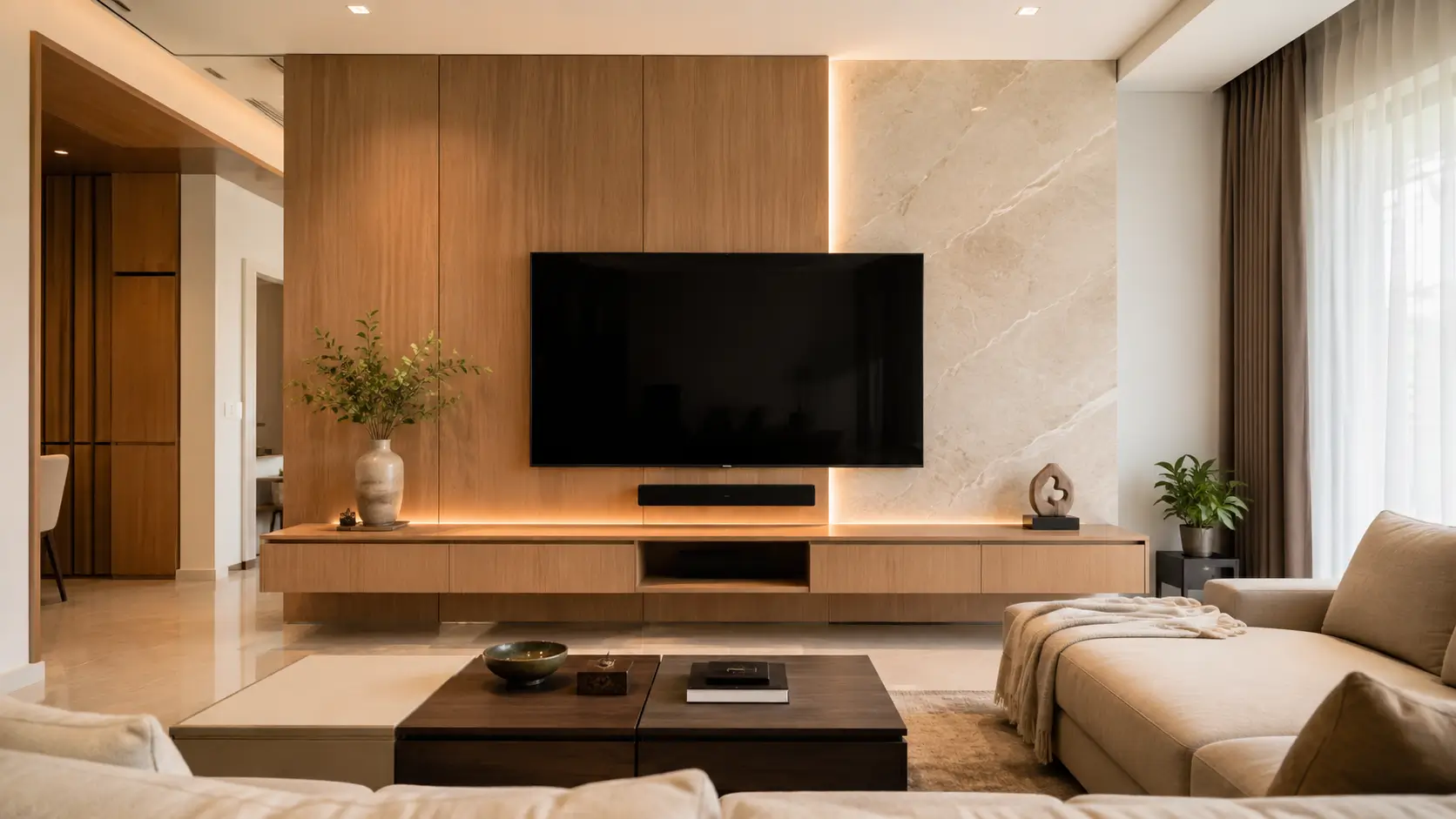 Backdrop TV minimalis modern dengan panel kayu, kabinet melayang, dan lampu LED