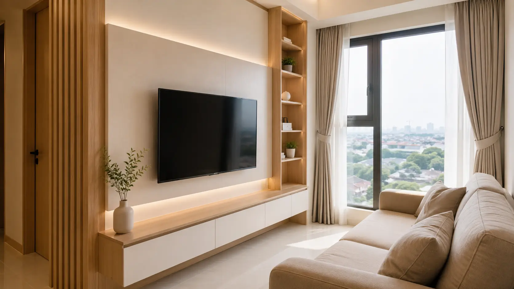 Backdrop TV minimalis untuk ruangan kecil dengan kabinet rendah dan panel tipis