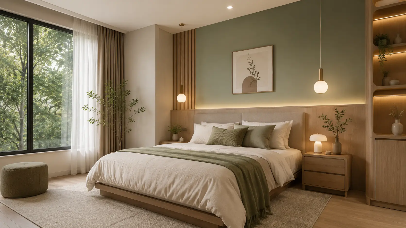 Cat kamar aesthetic warna warm white dan sage green pada kamar tidur modern.