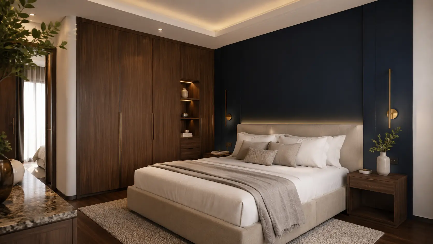 Cat kamar tidur 2 warna navy dan warm white untuk interior modern yang elegan