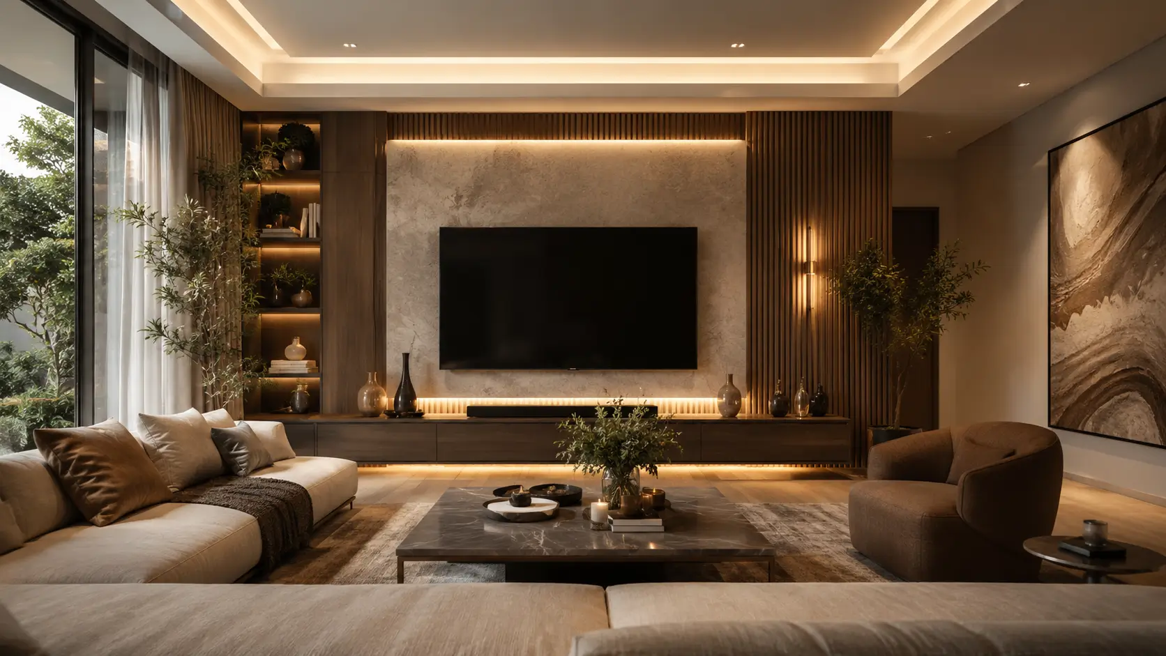 Dekorasi ruang tamu aesthetic dengan backdrop TV custom, wall panel, dan tanaman indoor.