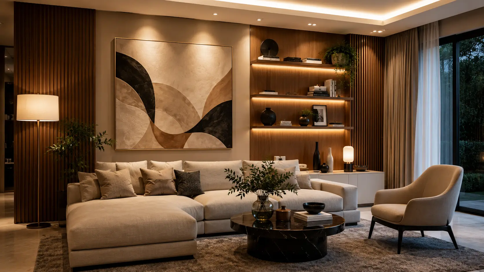 Dekorasi ruang tamu modern menggunakan panel kayu, rak dinding dekoratif, dan wall art minimalis