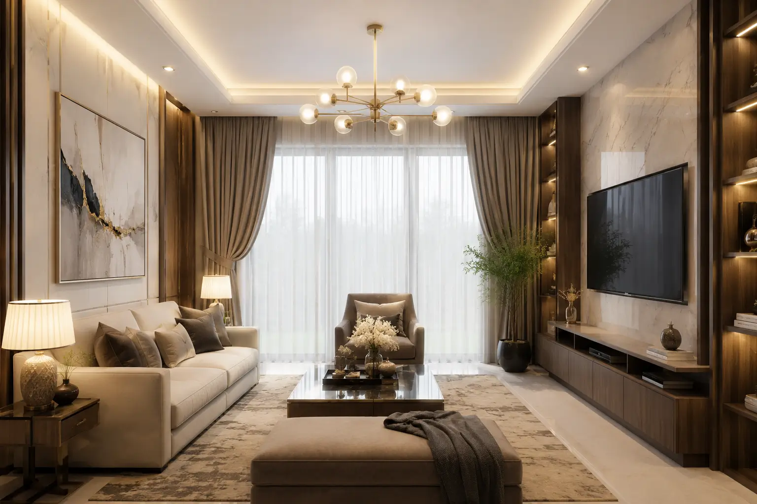 Desain ruang tamu elegan untuk ruangan kecil dengan furnitur proporsional.