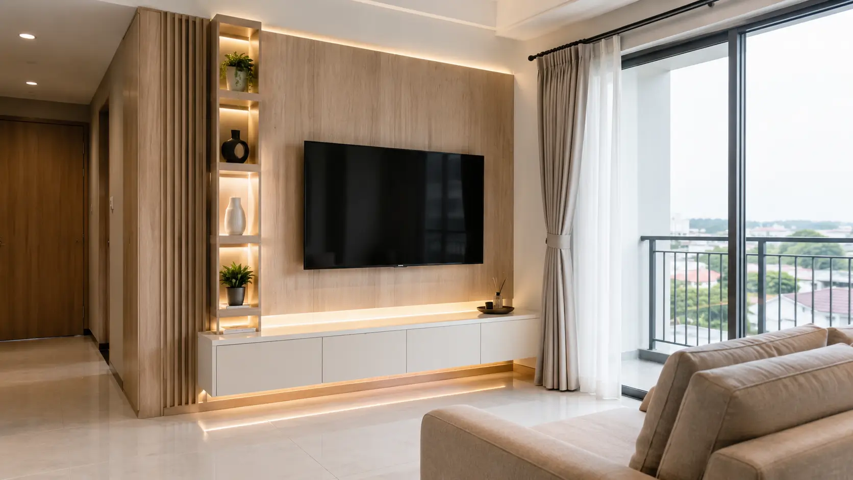 Desain backdrop TV minimalis untuk ruangan kecil dengan kabinet melayang dan rak vertikal