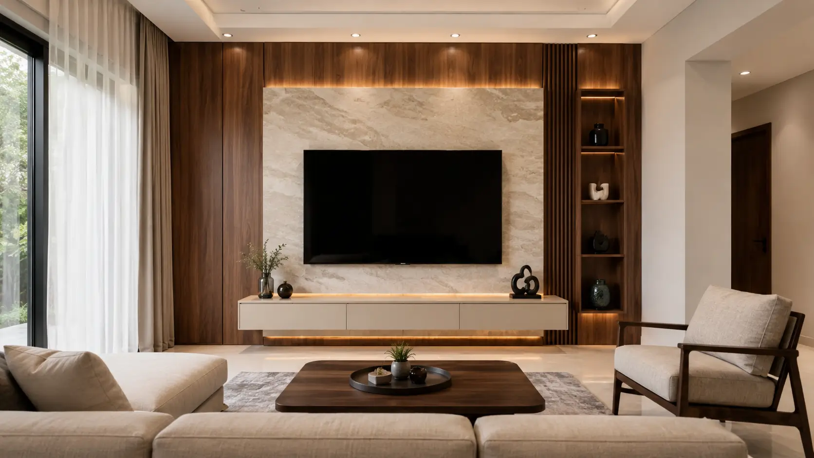 Desain backdrop TV modern dengan panel kayu, motif marmer, kabinet melayang, dan lampu LED