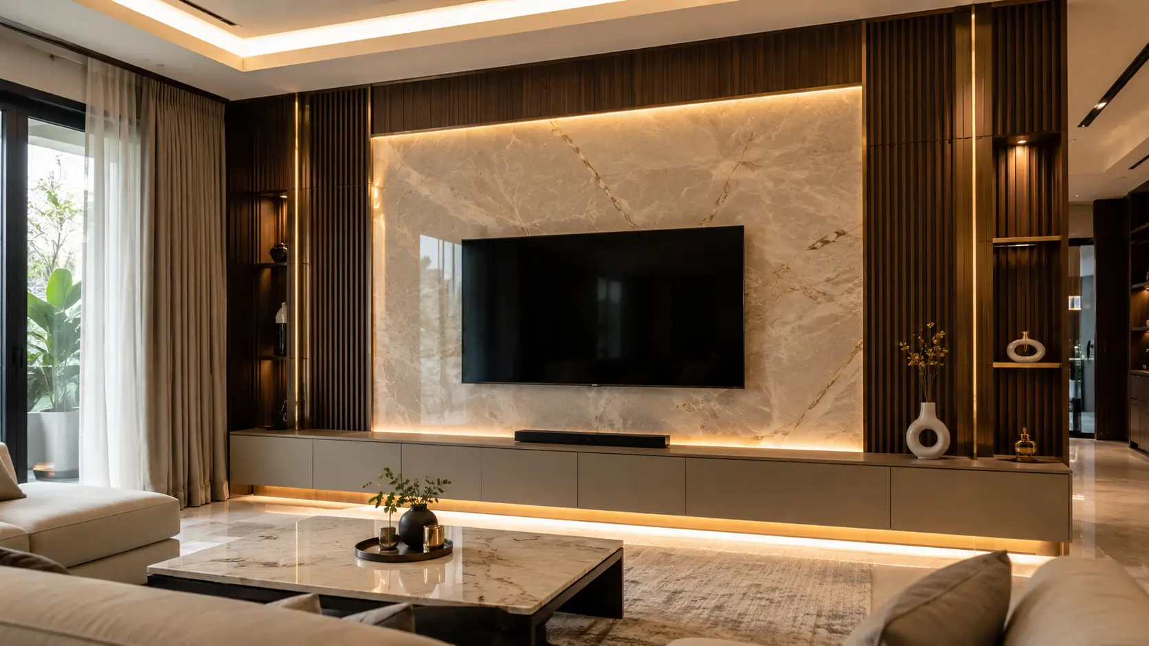 Desain backdrop TV modern luxury dengan panel marmer, kayu walnut, dan aksen metal