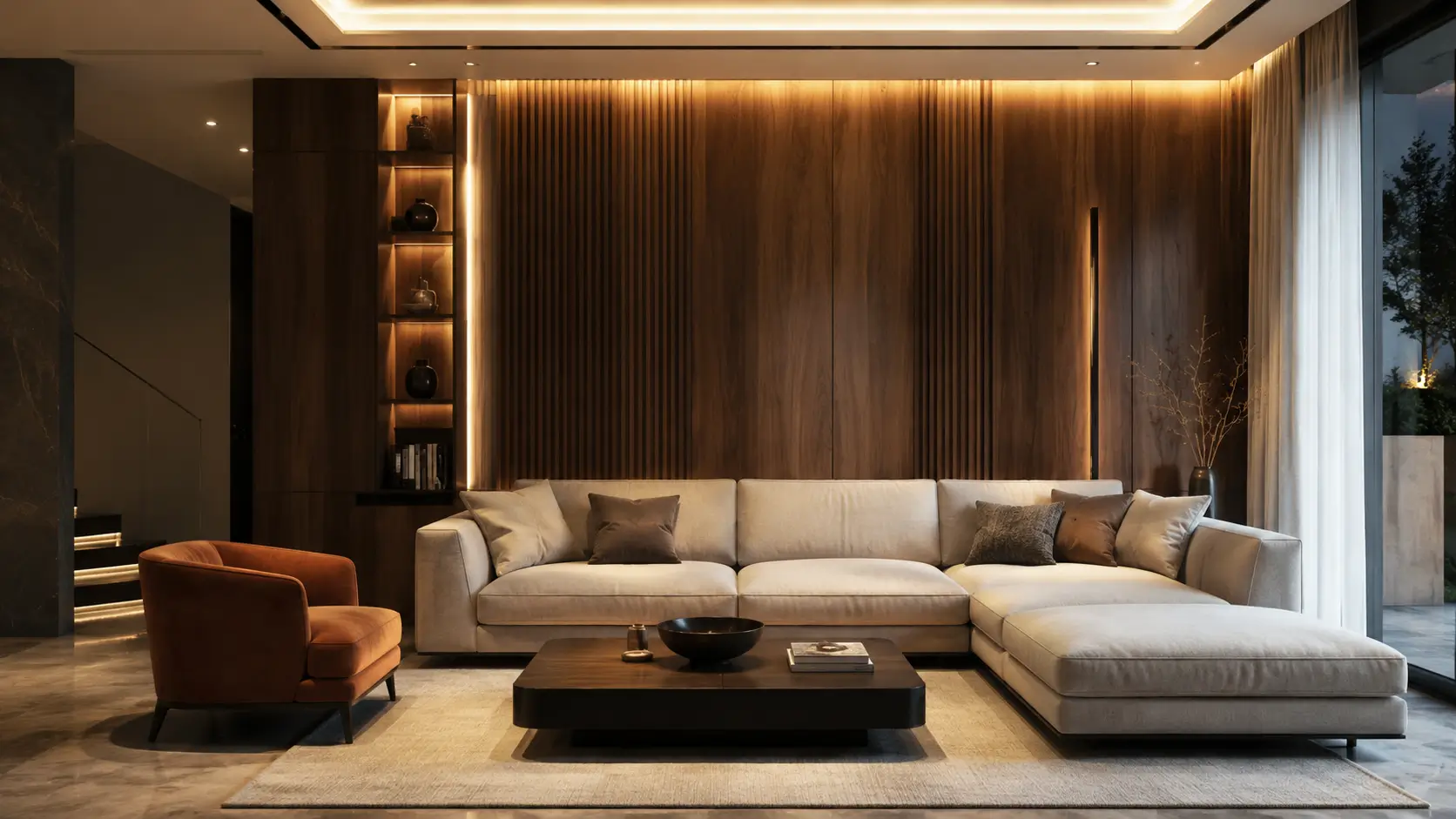 Desain interior dinding ruang tamu minimalis dengan panel kayu.