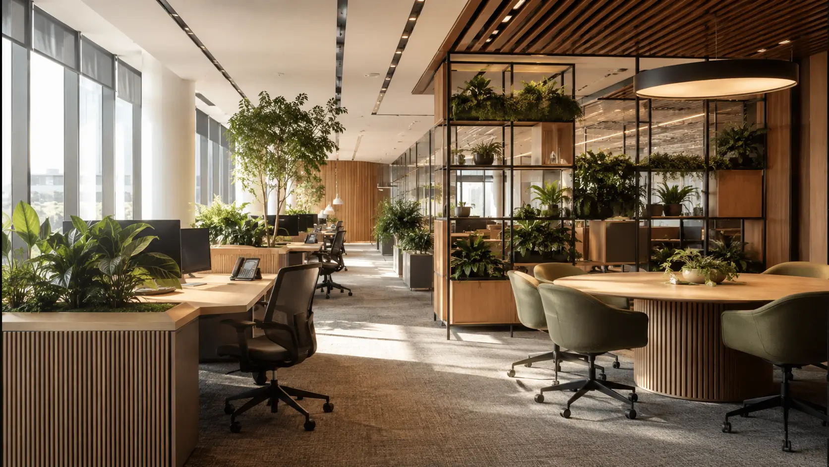 Desain interior kantor biophilic dengan tanaman dan material kayu