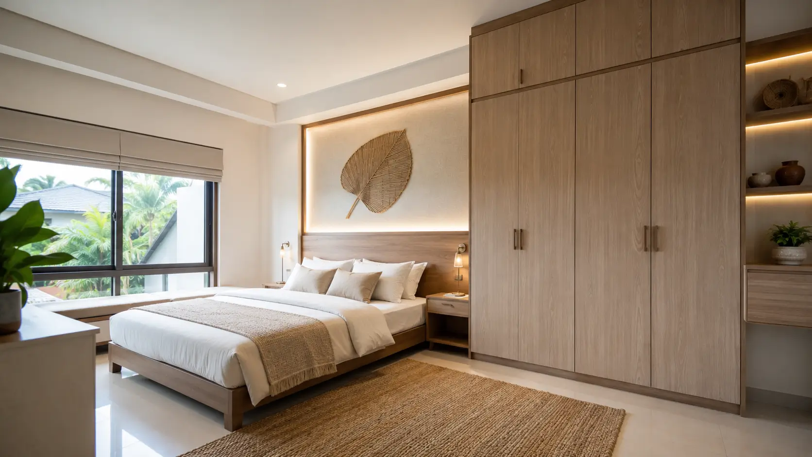 Desain kamar minimalis modern dengan furnitur custom dan warna netral