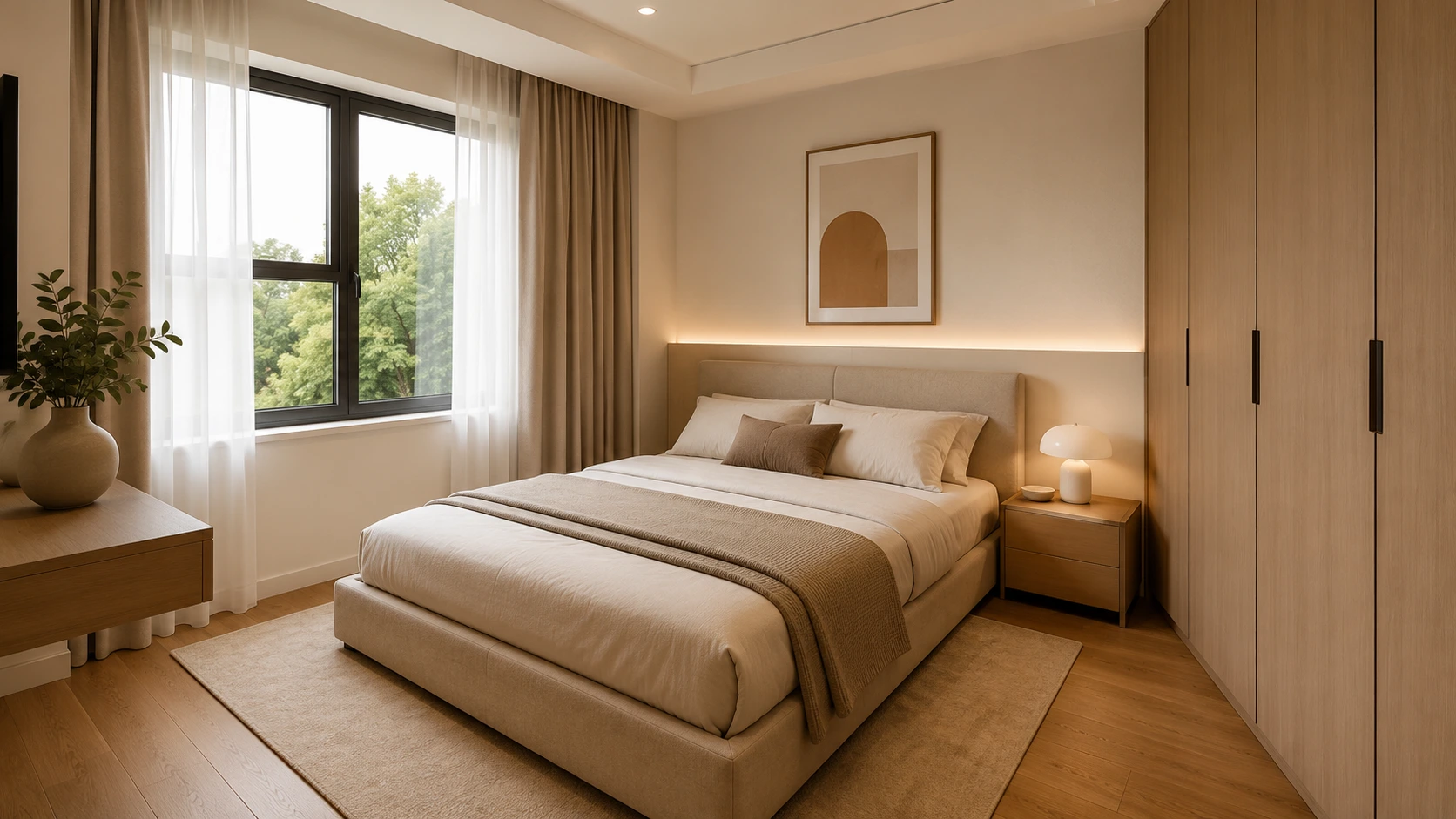 Desain kamar tidur minimalis modern dengan furnitur built-in dan warna netral hangat.