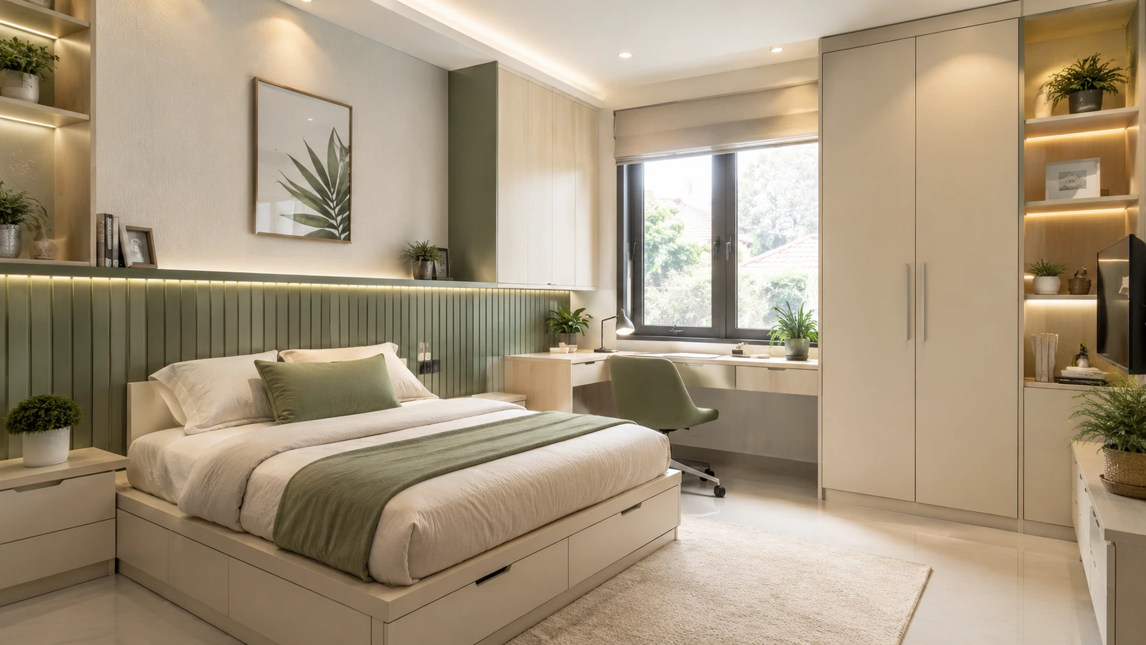 Desain kamar tidur remaja modern dengan meja belajar dan furnitur multifungsi