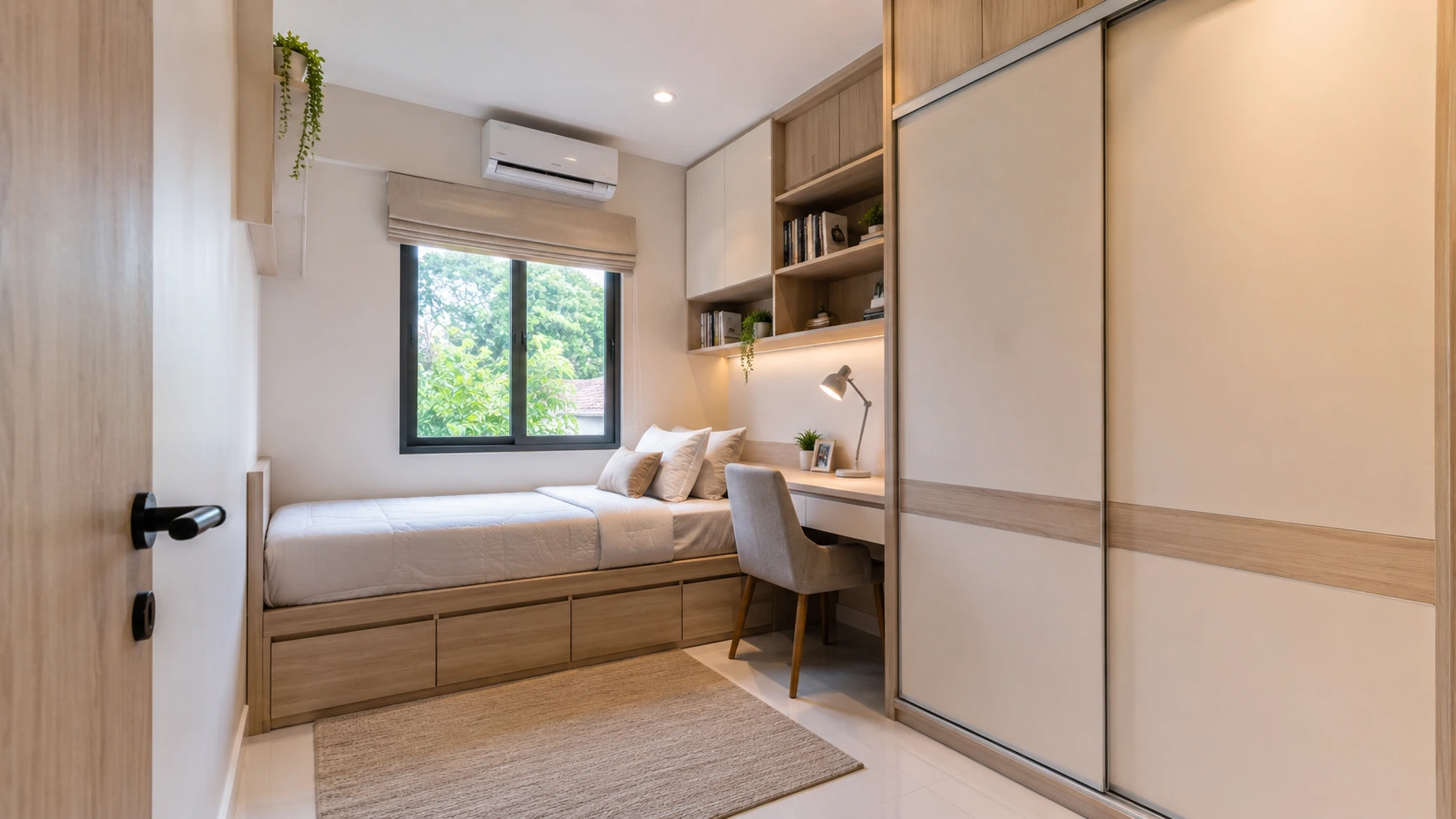 Desain kamar tidur remaja ukuran kecil dengan lemari built-in dan ranjang penyimpanan.