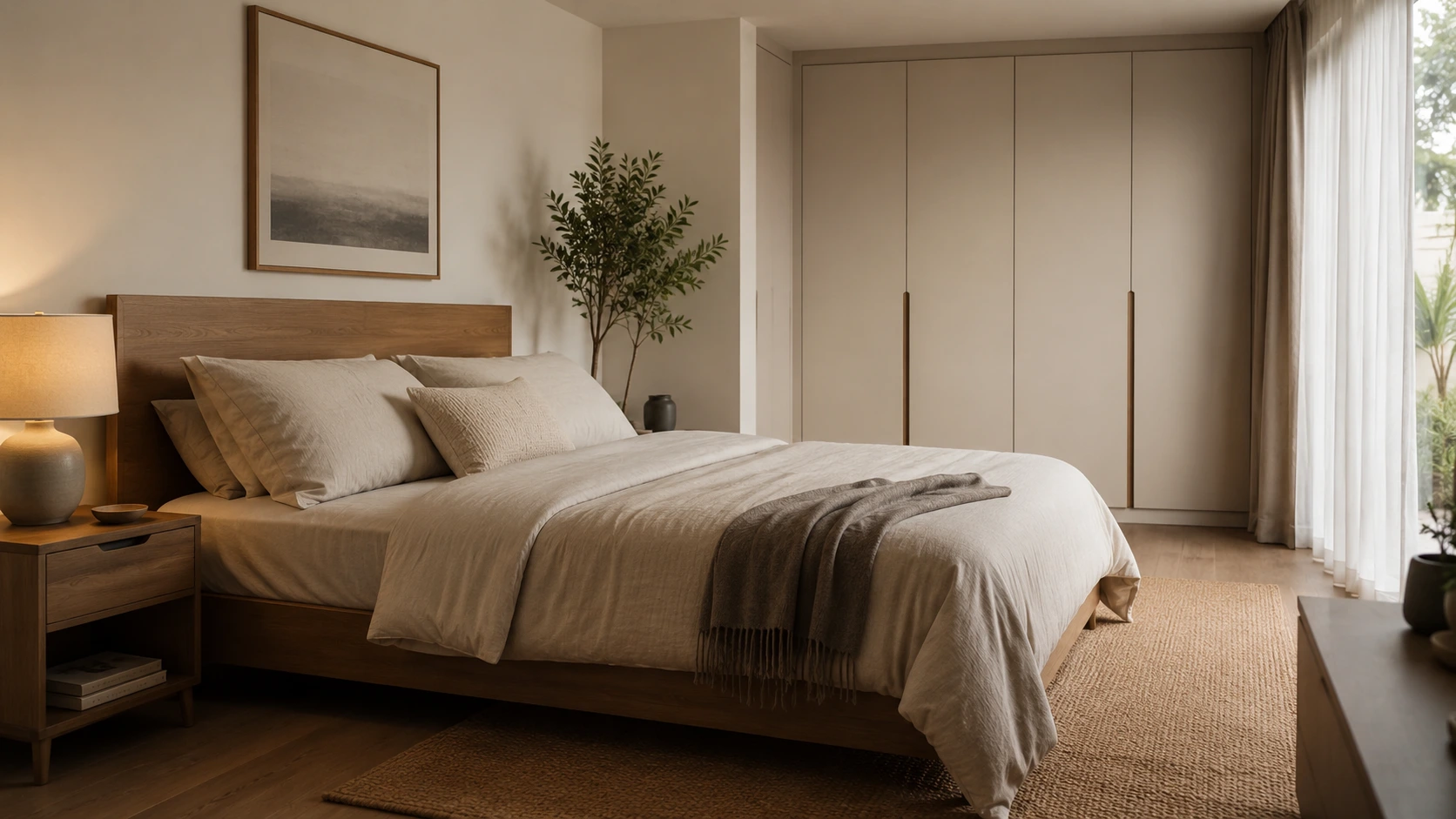 Desain kamar tidur sederhana dengan furnitur minimalis dan warna netral