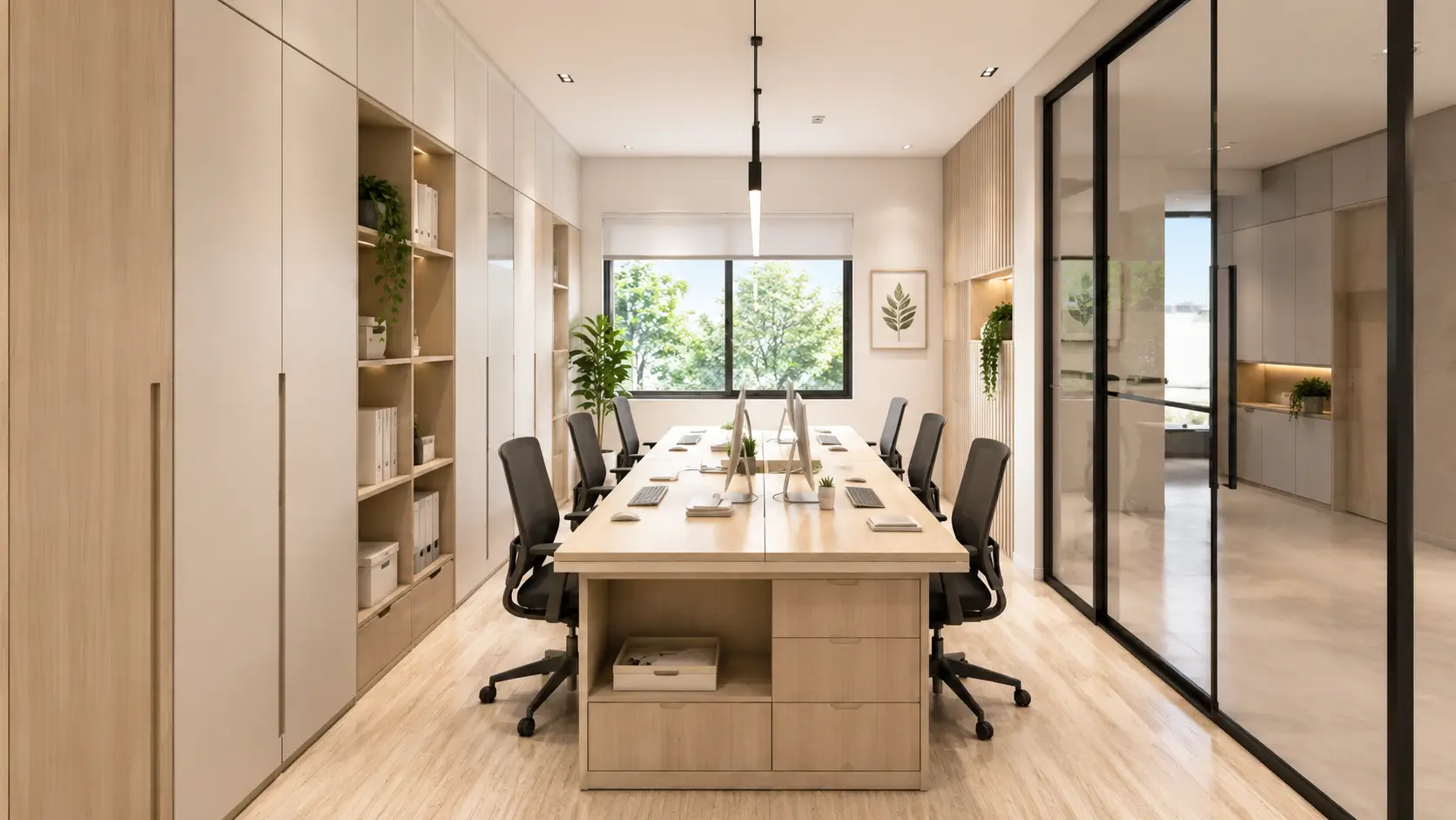 Desain kantor kecil minimalis dengan meja komunal dan penyimpanan vertikal.