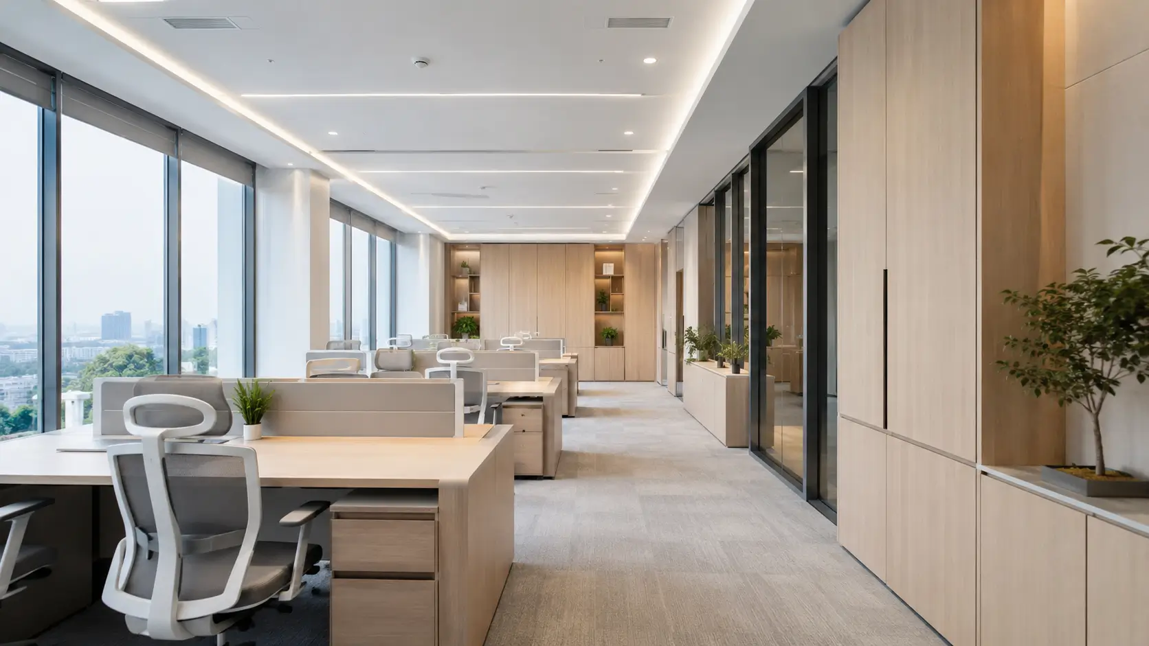 Desain kantor minimalis modern dengan meja kerja ergonomis dan pencahayaan alami