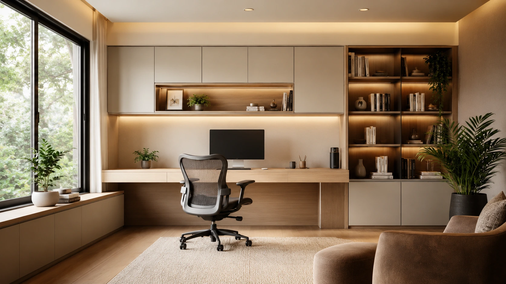 Desain ruang kerja kantor pribadi minimalis dengan aksen kayu