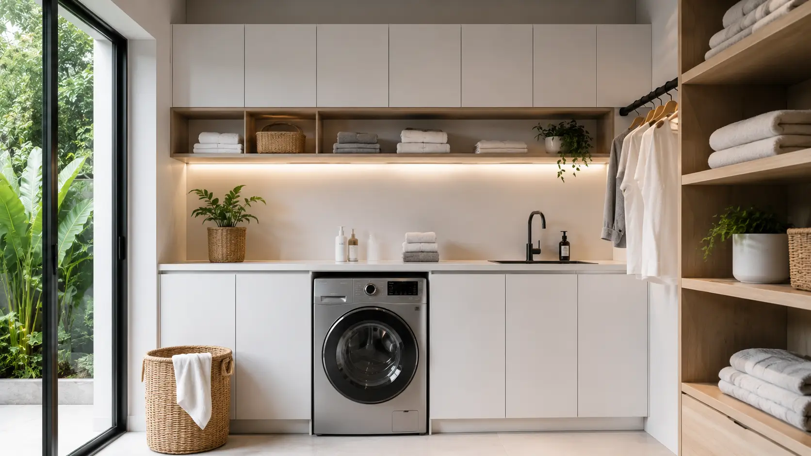 Desain ruang laundry minimalis dengan kabinet dan mesin cuci modern