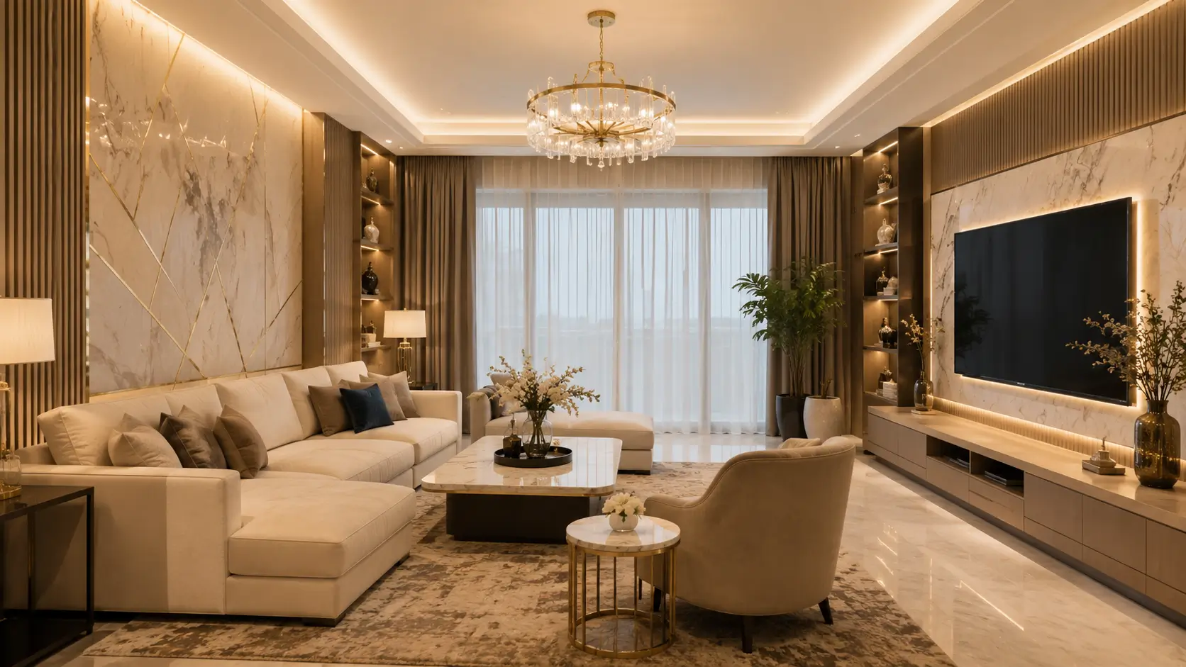 Desain ruang tamu elegan modern dengan sofa krem dan pencahayaan hangat.