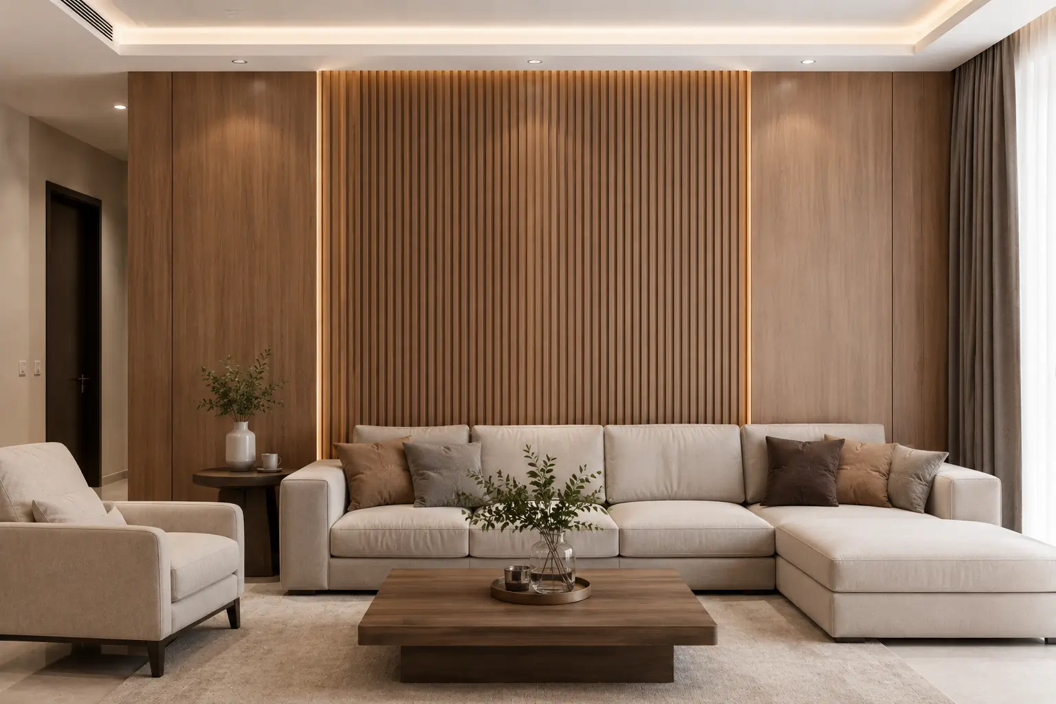 Dinding PVC ruang tamu dengan motif kayu untuk interior modern minimalis