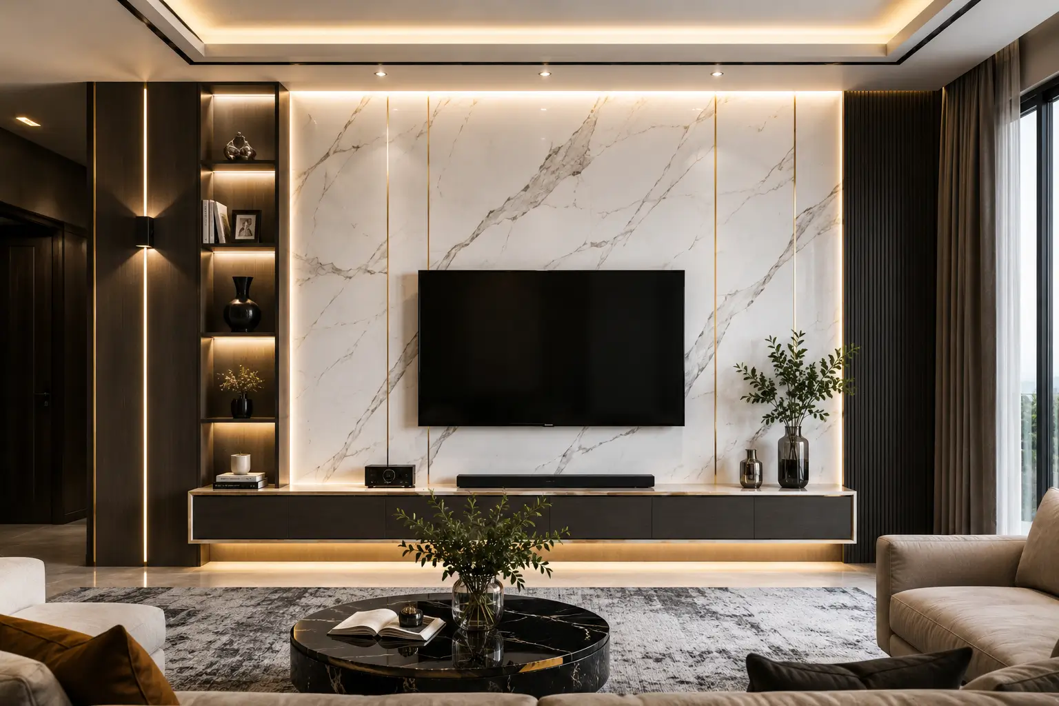 Dinding PVC ruang tamu dengan motif marmer sebagai backdrop TV