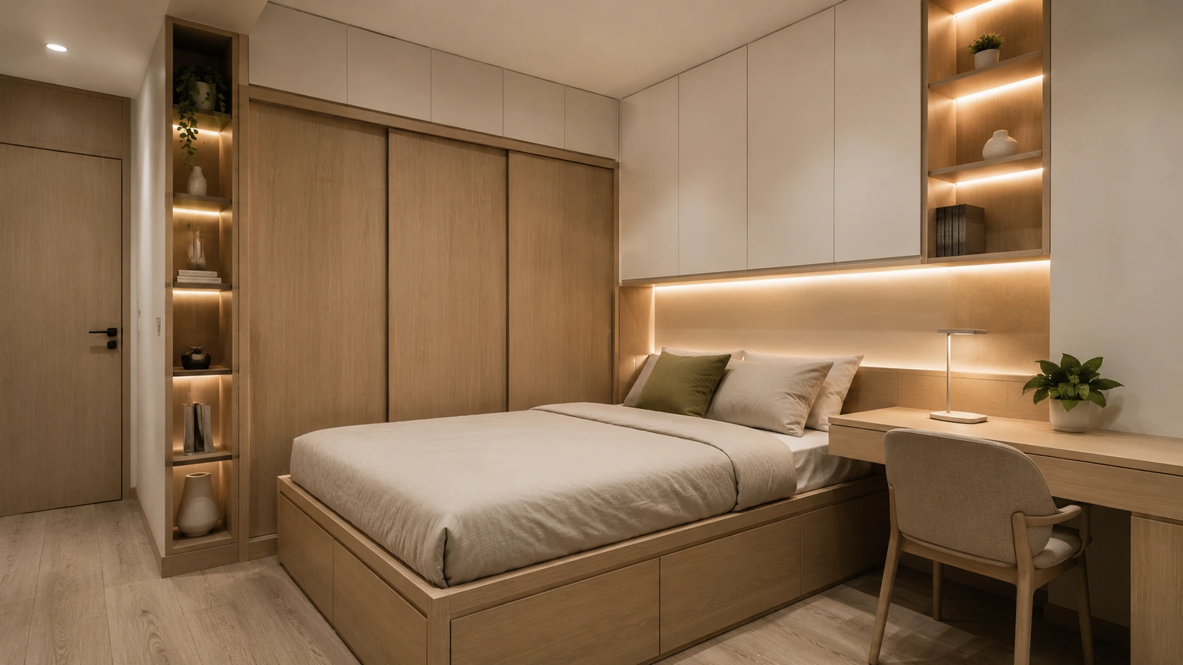 Furnitur custom dan penyimpanan built-in untuk kamar tidur minimalis berukuran kecil.