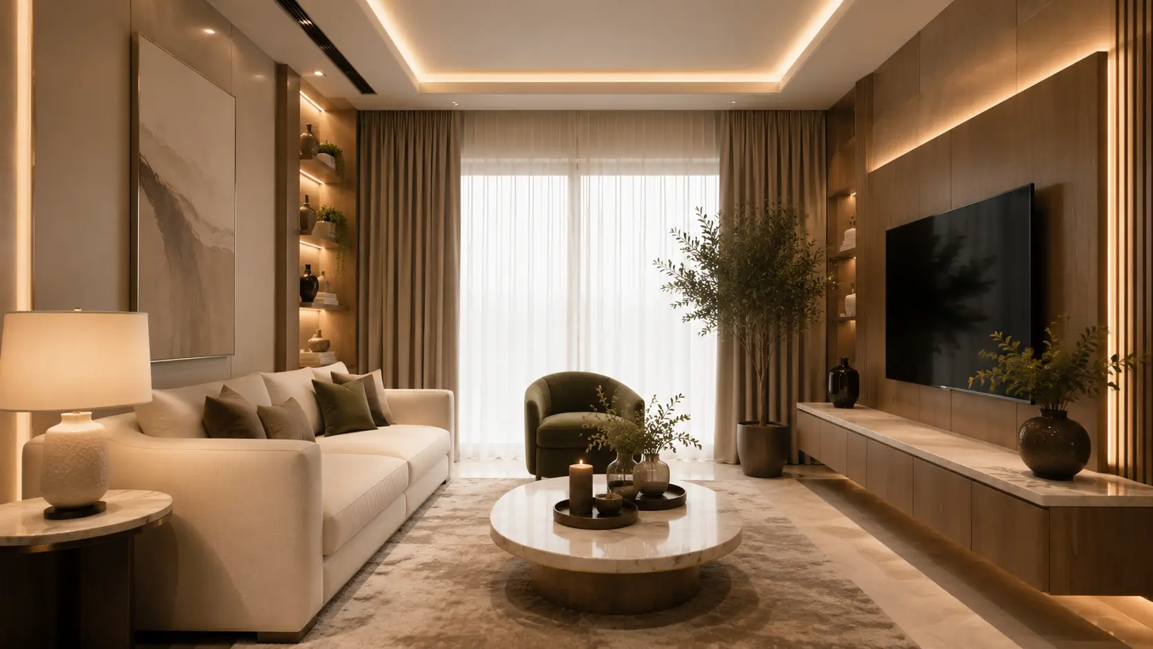 Furnitur ruang tamu elegan dengan sofa, meja marmer, dan kabinet custom.