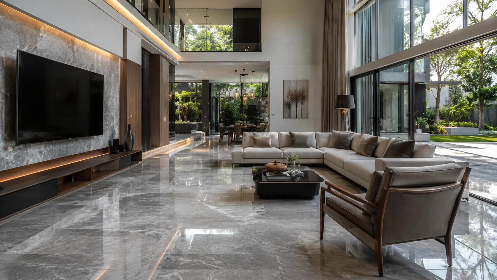 Granit abu-abu glossy pada ruang tamu modern minimalis yang elegan