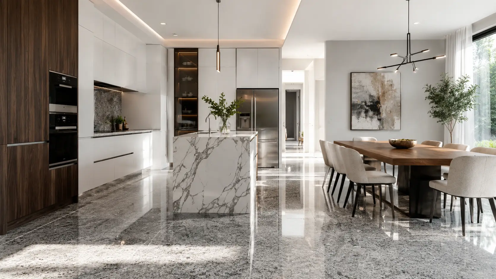 Granit abu-abu glossy untuk dapur modern dan area makan minimalis