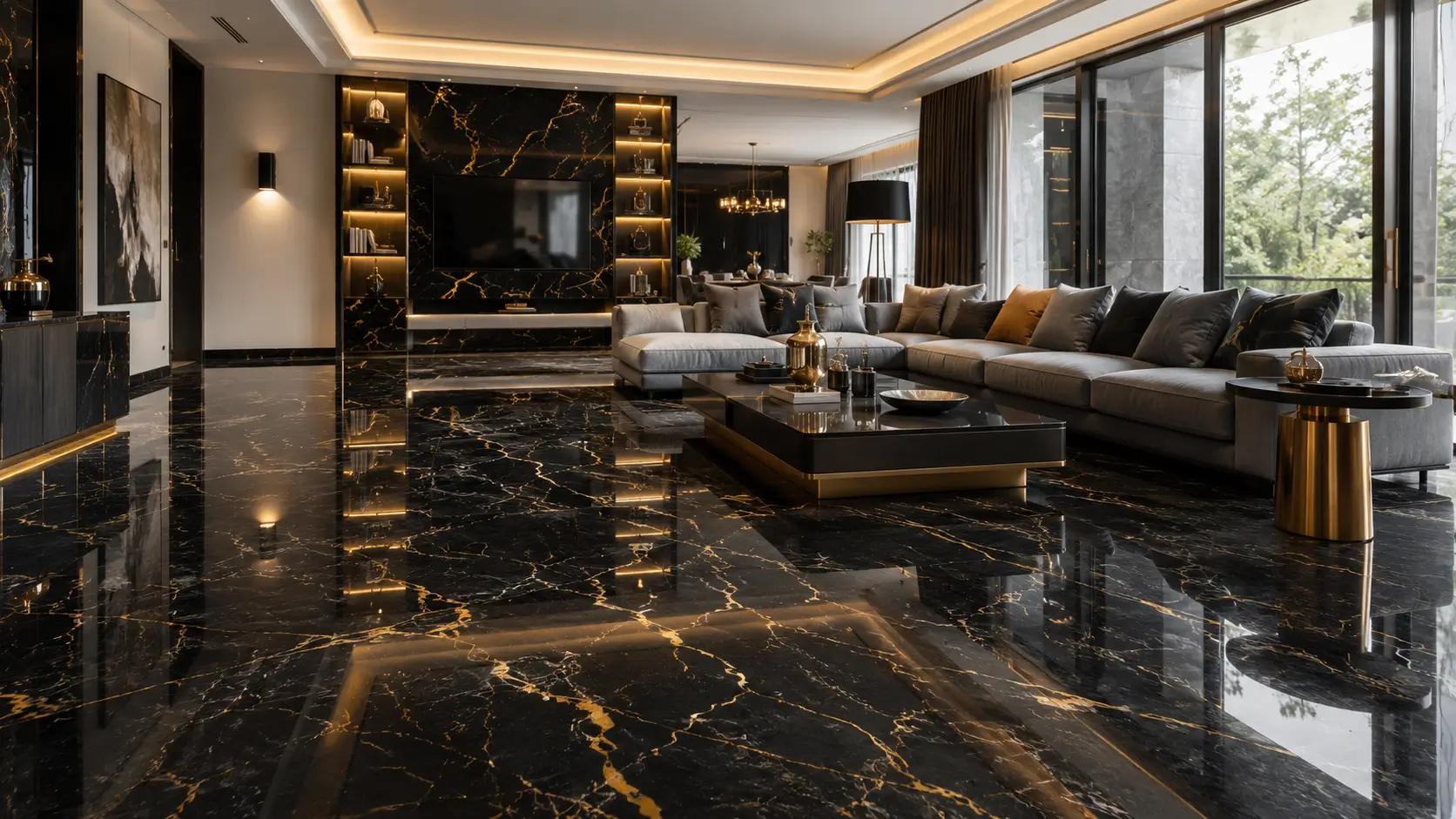 Granit hitam motif emas pada ruang tamu modern bergaya mewah