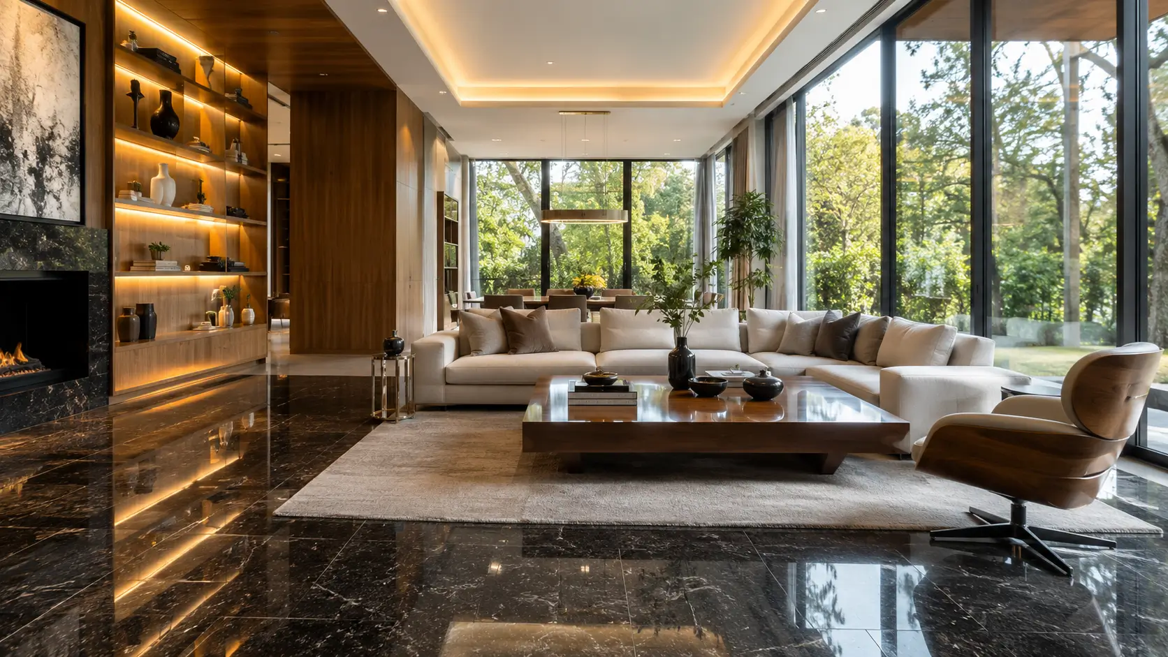 Granit hitam pada ruang tamu modern dengan konsep interior elegan.