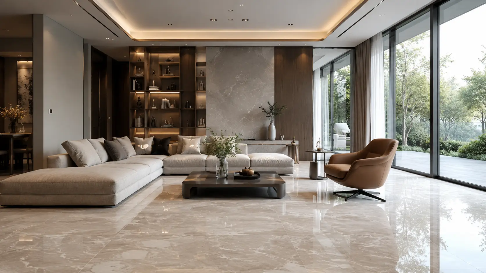 Granit lantai modern pada ruang tamu minimalis dengan desain elegan