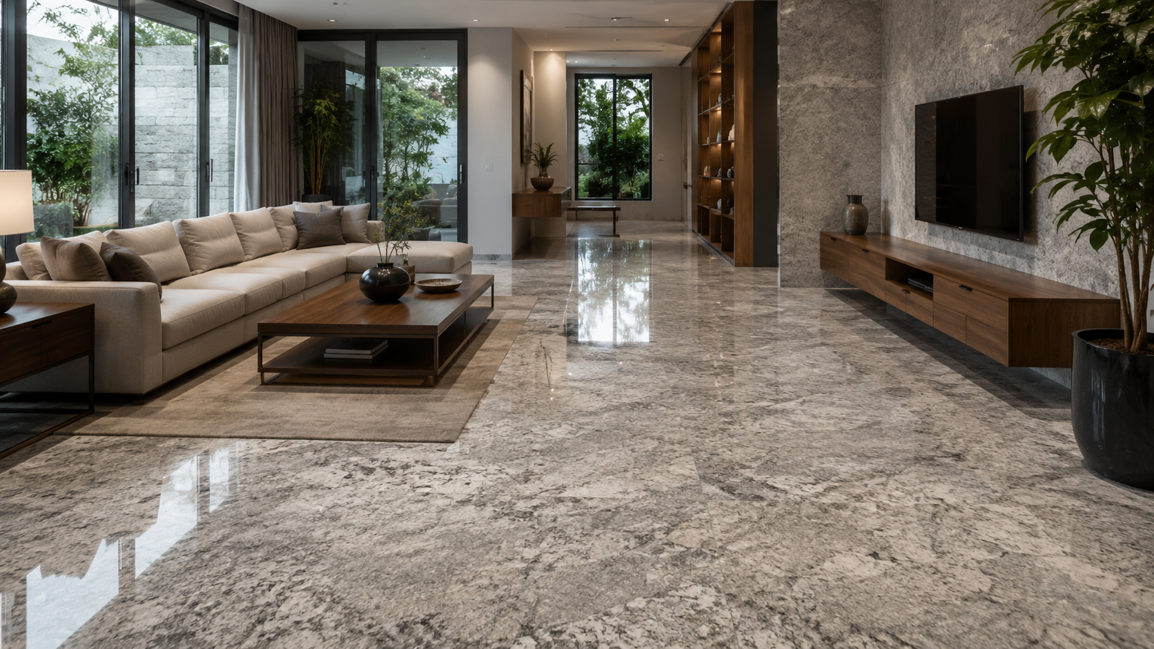 Granit polos glossy pada ruang tamu minimalis modern.