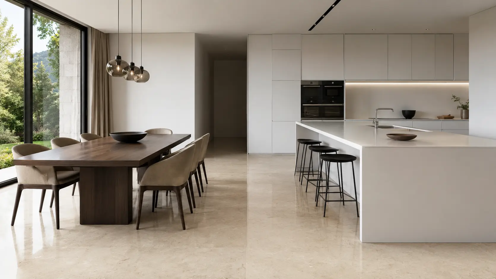 Granit polos warna krem ​​untuk dapur dan ruang makan minimalis.