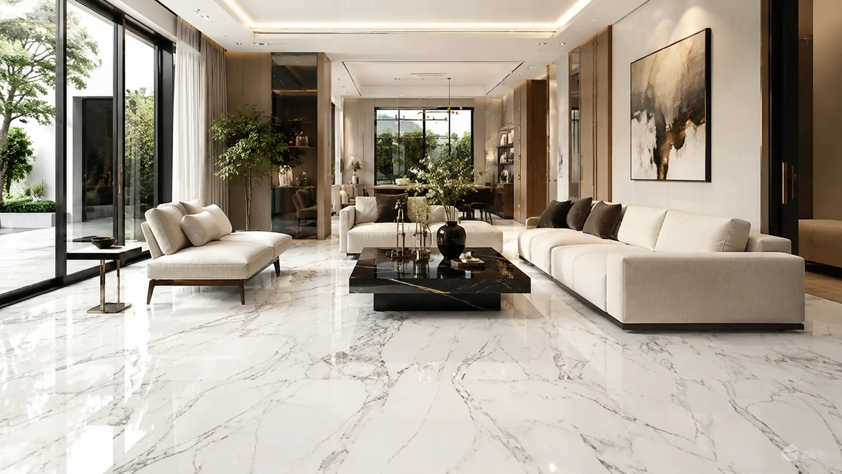 Granit putih corak motif marmer pada ruang tamu modern yang elegan