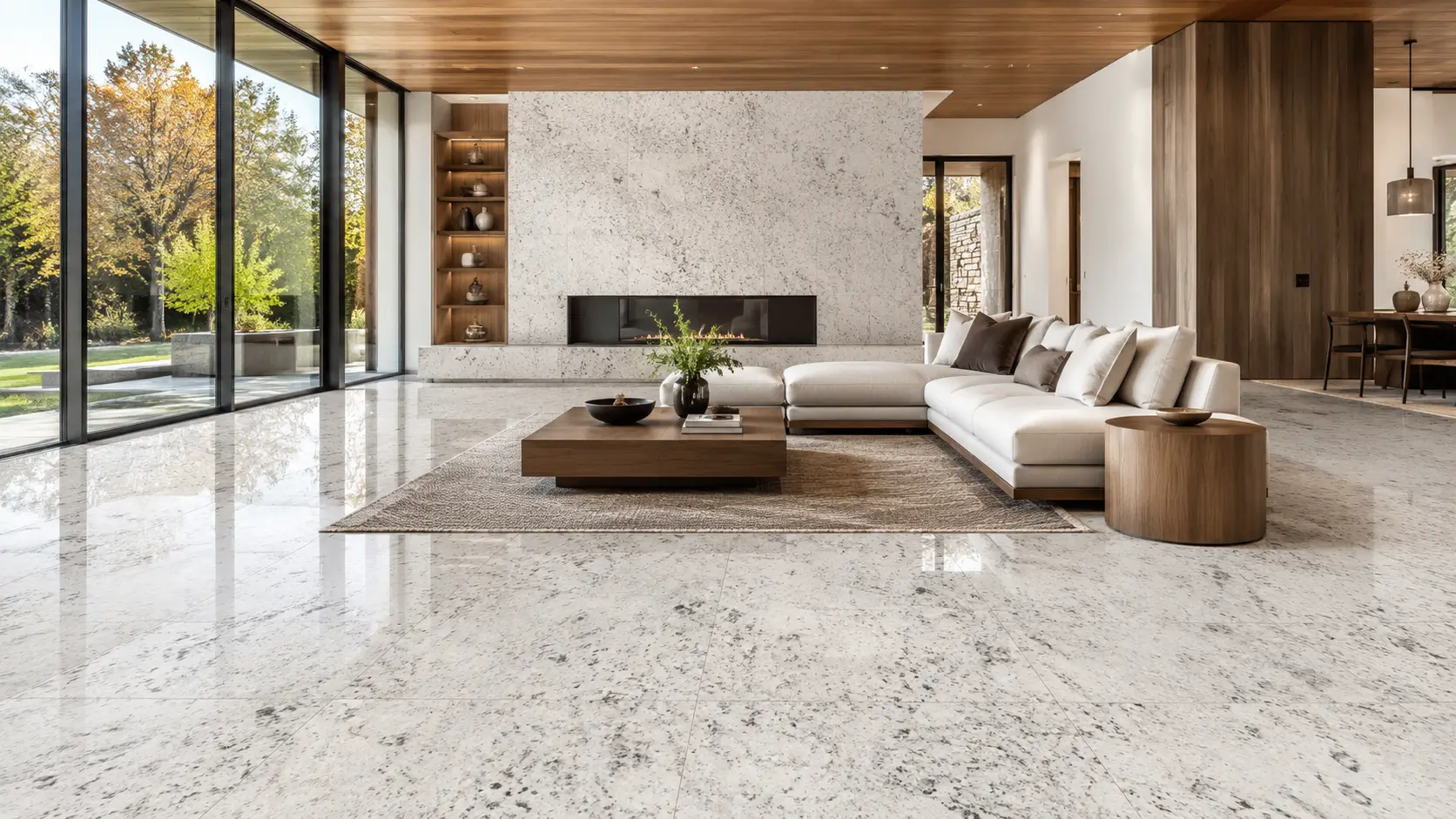 Granit putih pada ruang tamu modern dengan desain interior elegan