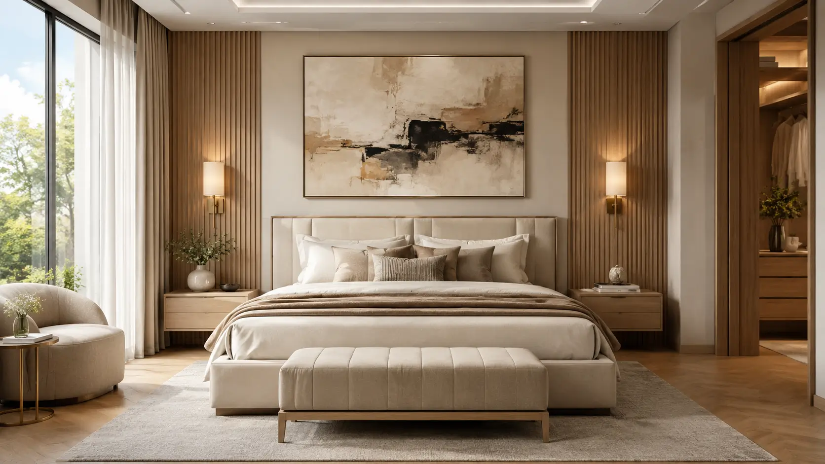 Hiasan dinding kamar tidur estetik dengan lukisan dan panel kayu modern.