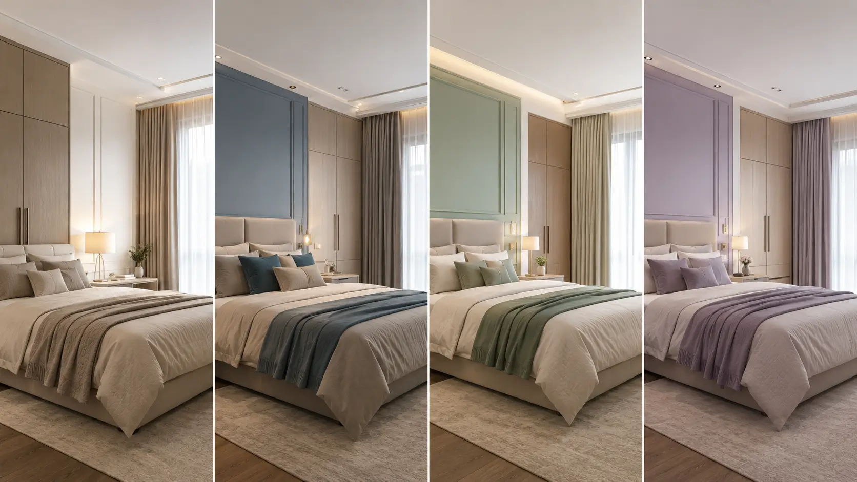 Inspirasi cat kamar tidur 2 warna ivory, taupe, dusty blue, mint, lavender, dan abu-abu