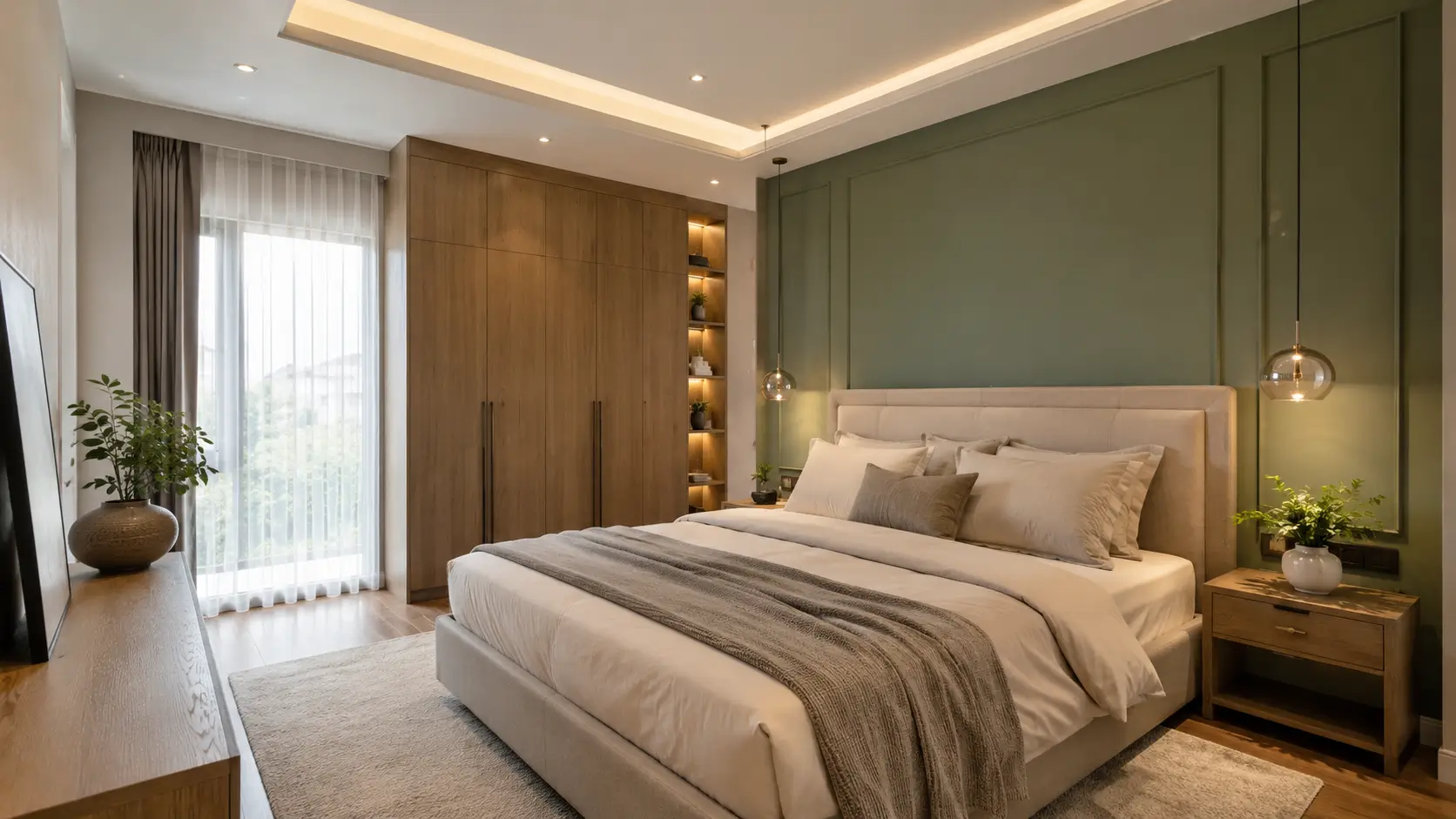 Inspirasi cat kamar tidur 2 warna warm white dan hijau sage dengan furnitur kayu natural