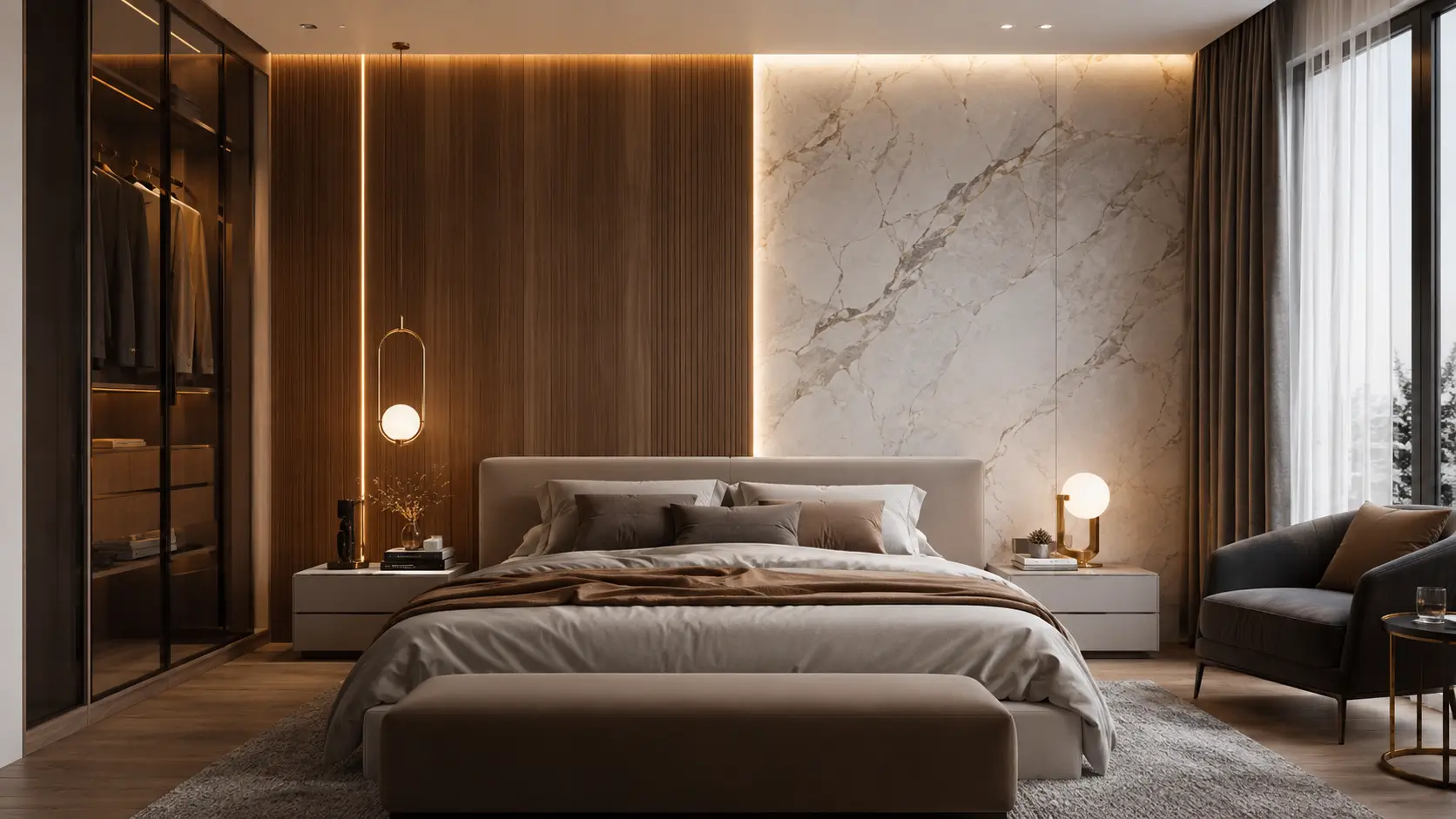 Inspirasi desain dinding PVC kamar tidur motif kayu dan marmer modern