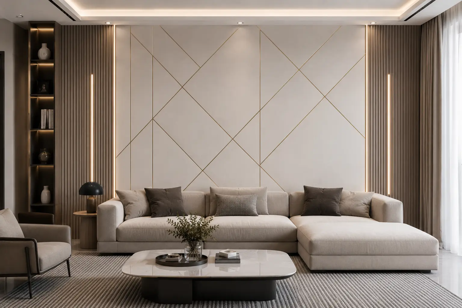 Inspirasi desain dinding PVC ruang tamu modern dengan motif geometris
