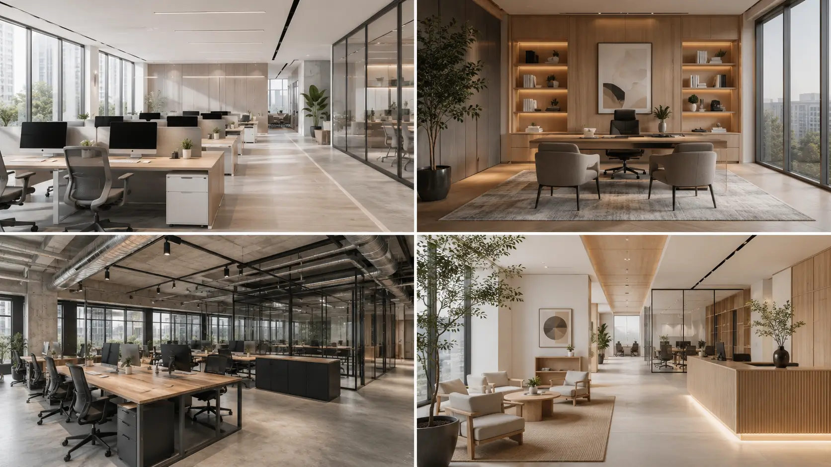 Inspirasi desain kantor minimalis modern, elegan, industrial, dan Japandi