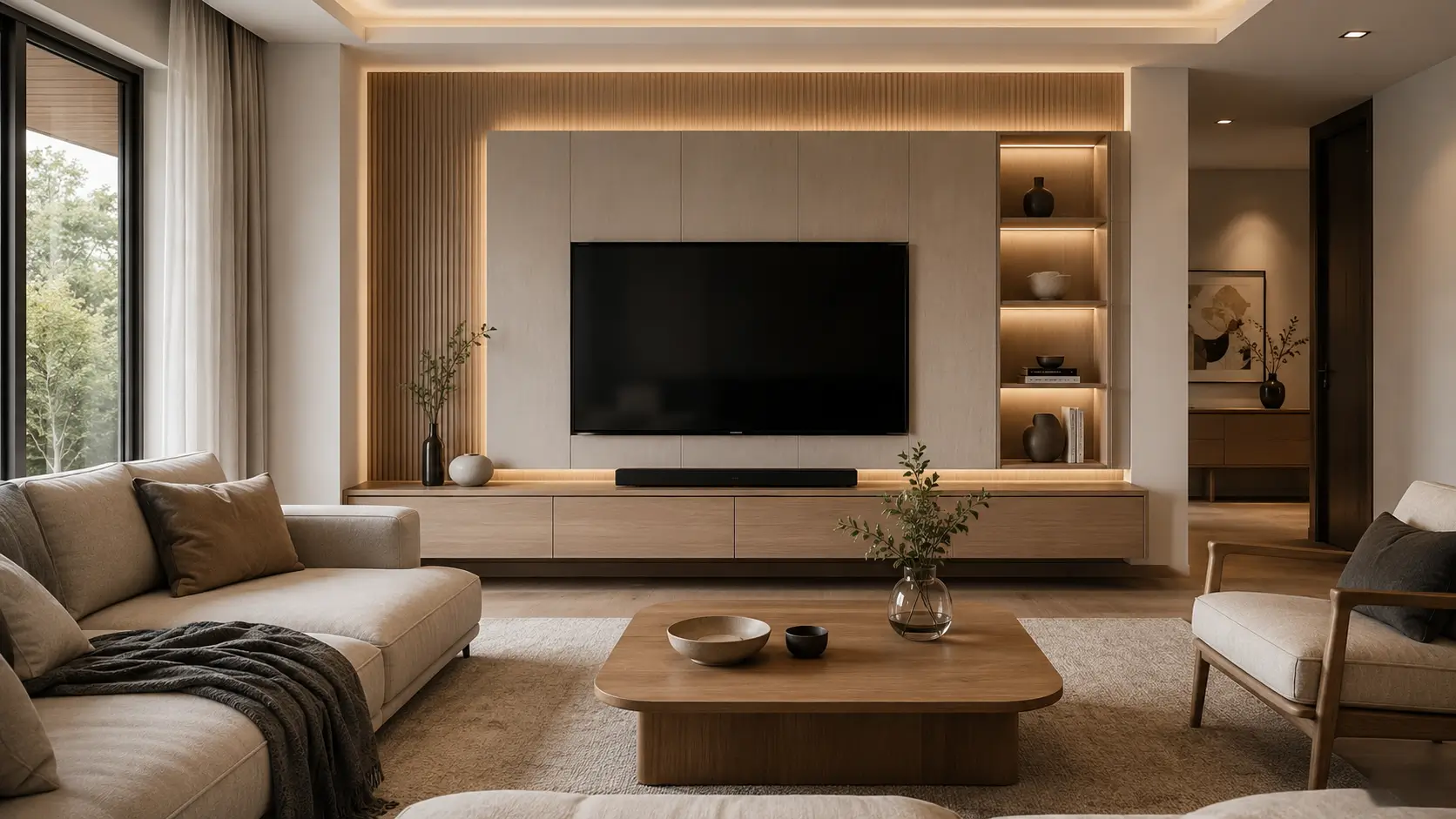 Inspirasi desain ruang tamu minimalis modern dengan backdrop TV.