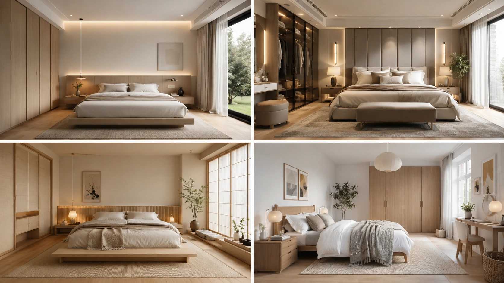 Inspirasi gaya kamar tidur minimalis modern, elegan, Japandi, dan Scandinavian.