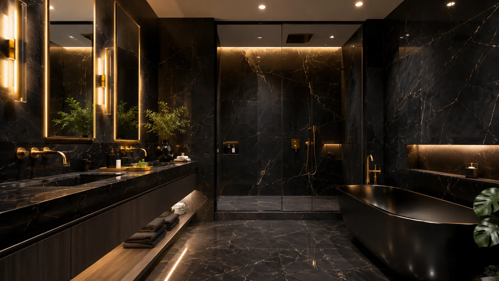 Inspirasi granit hitam motif pada kamar mandi modern yang elegan.