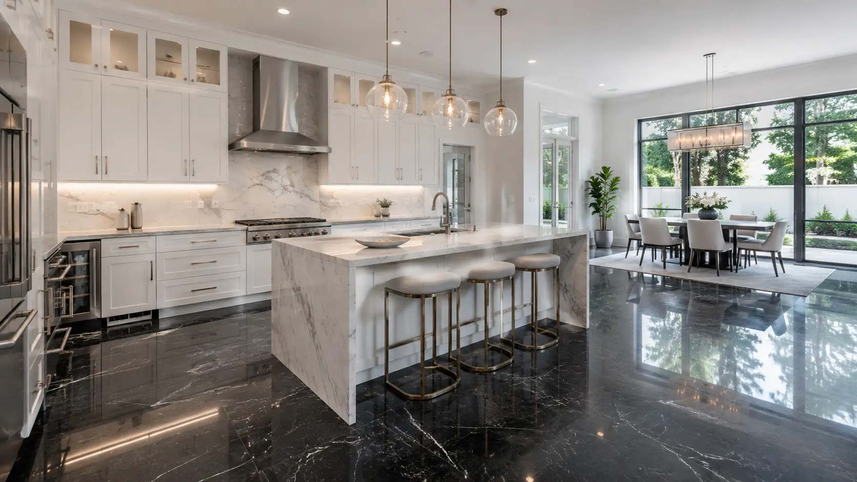 Inspirasi granit hitam pada dapur modern dengan kitchen set minimalis.