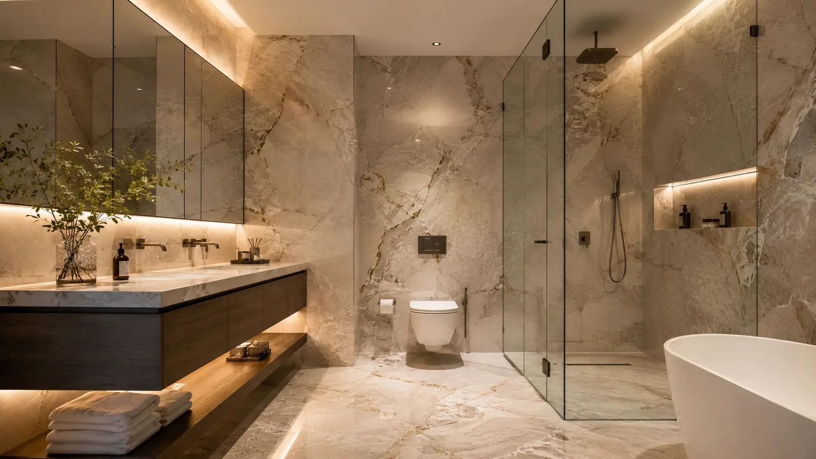 Inspirasi granit motif marmer untuk kamar mandi modern.