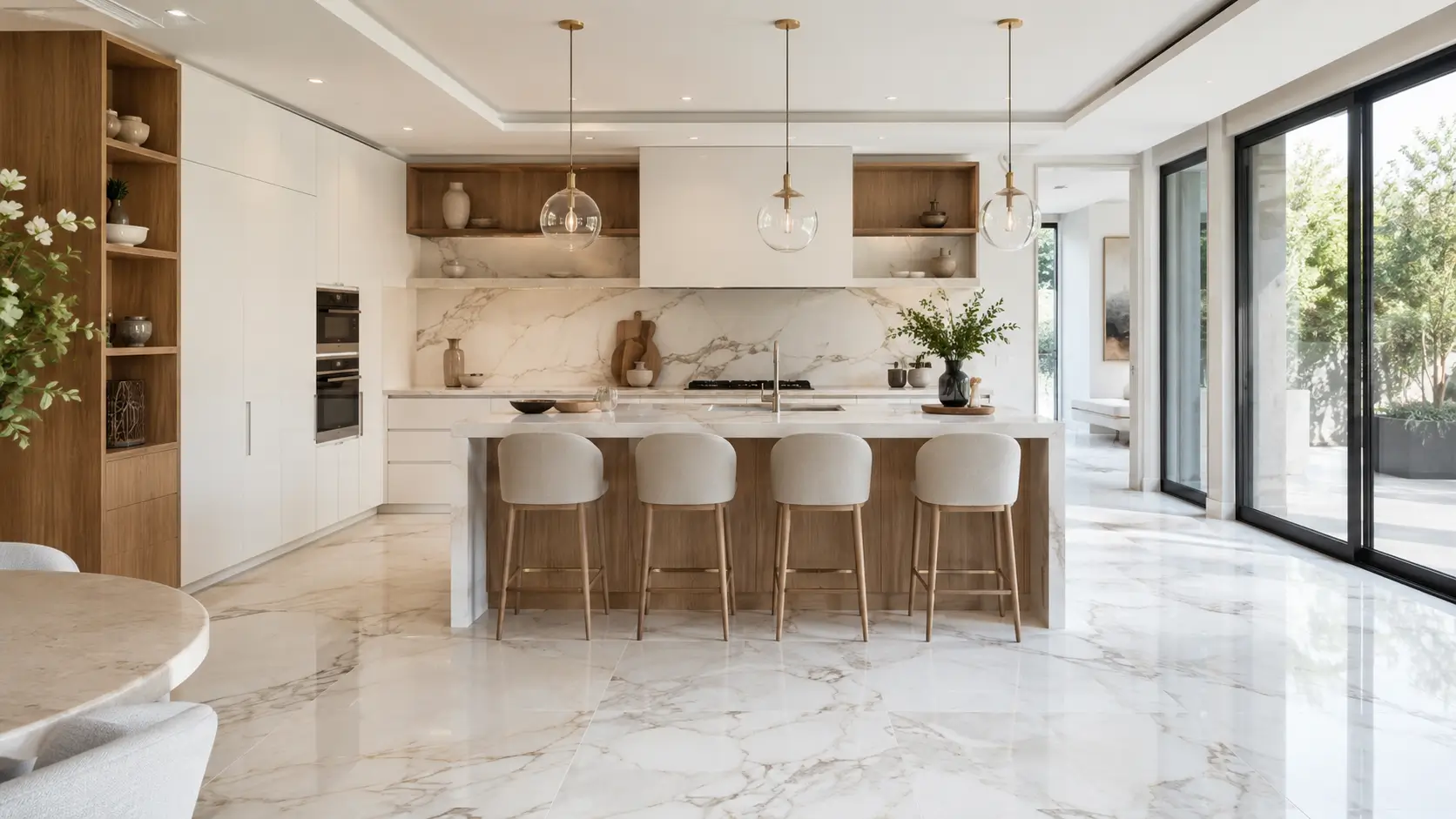 Inspirasi granit putih corak pada dapur modern minimalis