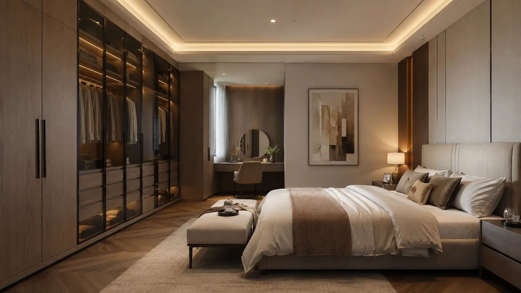 Inspirasi interior kamar tidur modern dengan furniture custom